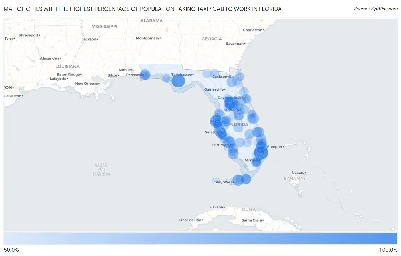Cities with the Highest Percentage of Population Taking Taxi / Cab to Work in Florida Map