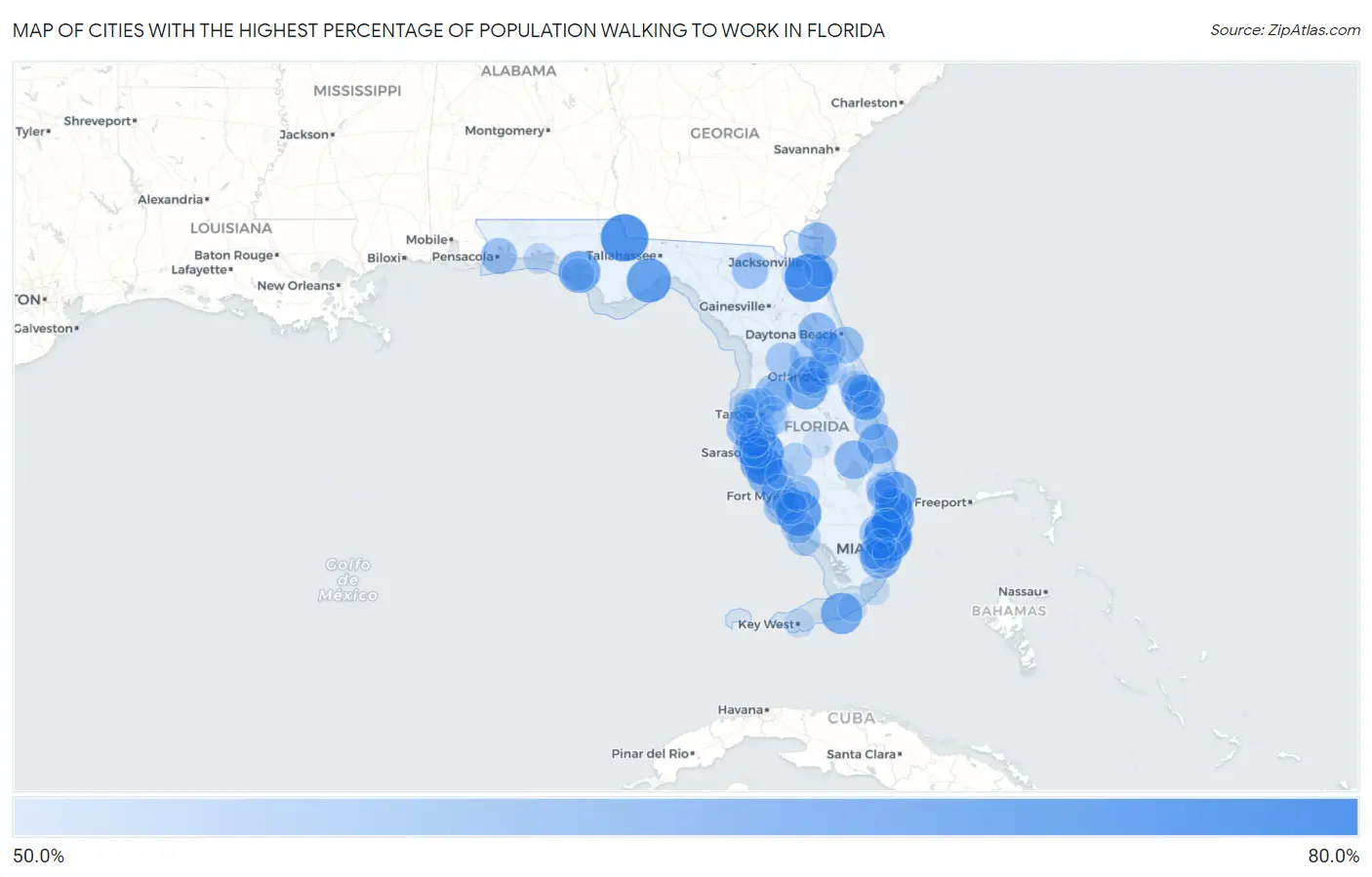 Cities with the Highest Percentage of Population Walking to Work in Florida Map