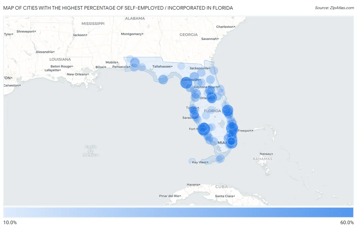 Cities with the Highest Percentage of Self-Employed / Incorporated in Florida Map