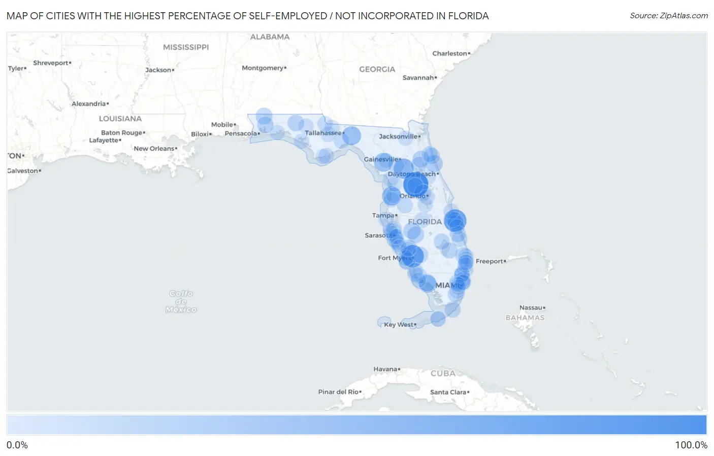 Cities with the Highest Percentage of Self-Employed / Not Incorporated in Florida Map