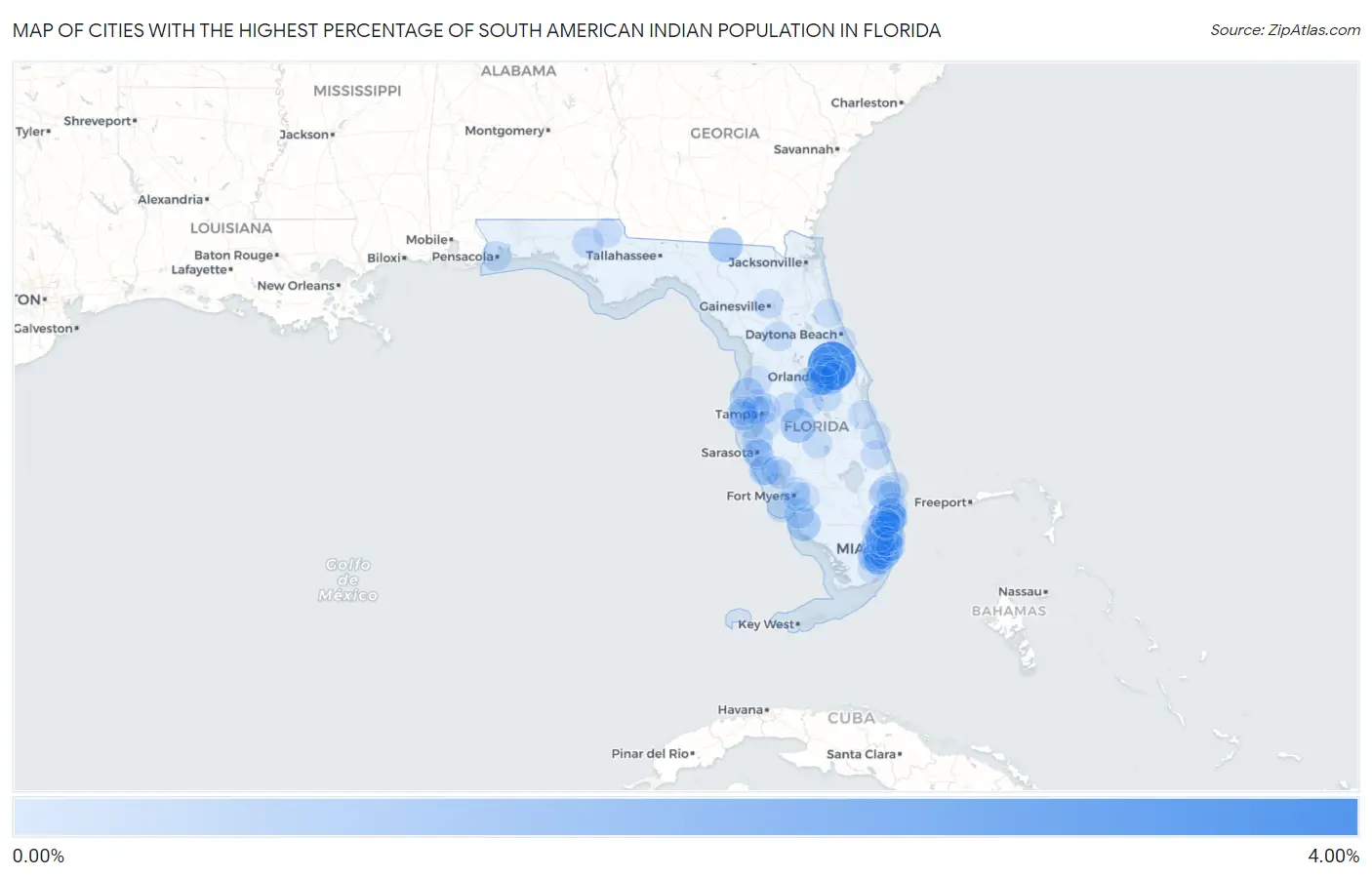 Cities with the Highest Percentage of South American Indian Population in Florida Map