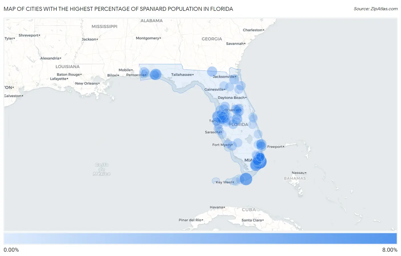 Cities with the Highest Percentage of Spaniard Population in Florida Map