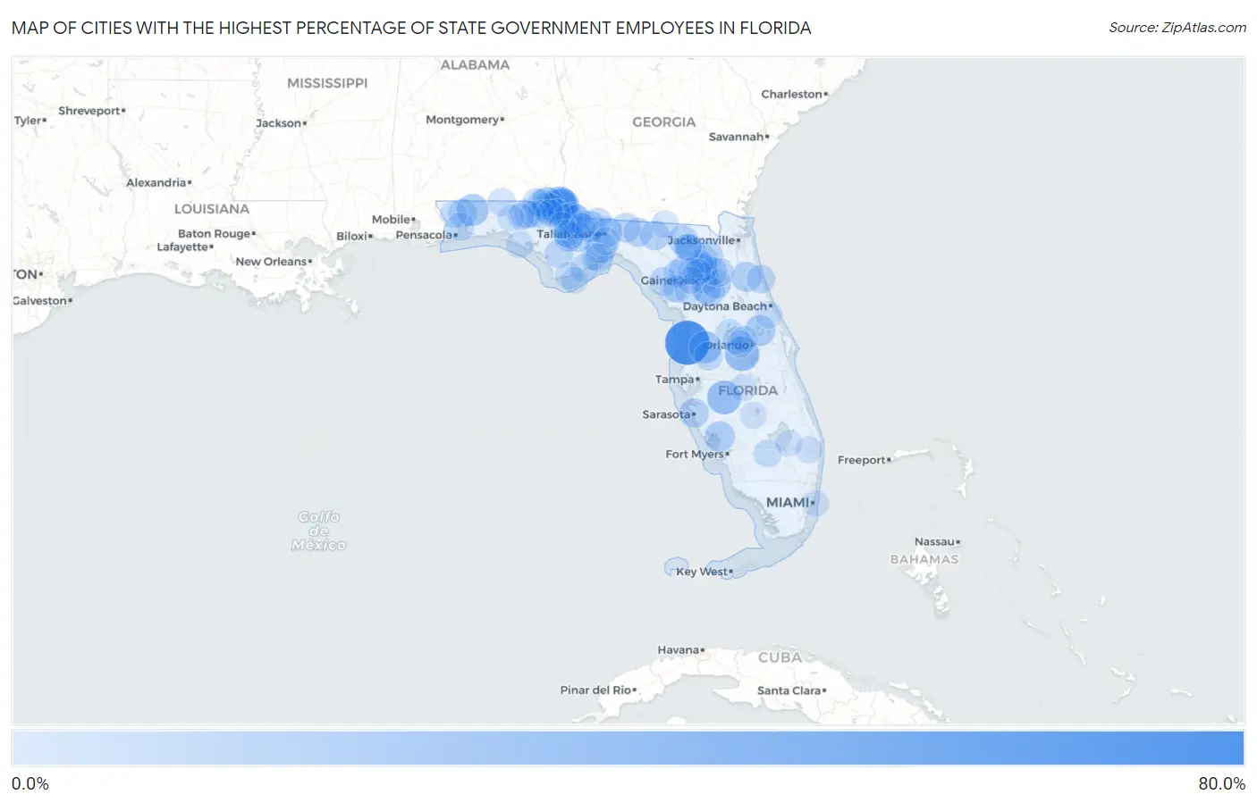 Cities with the Highest Percentage of State Government Employees in Florida Map
