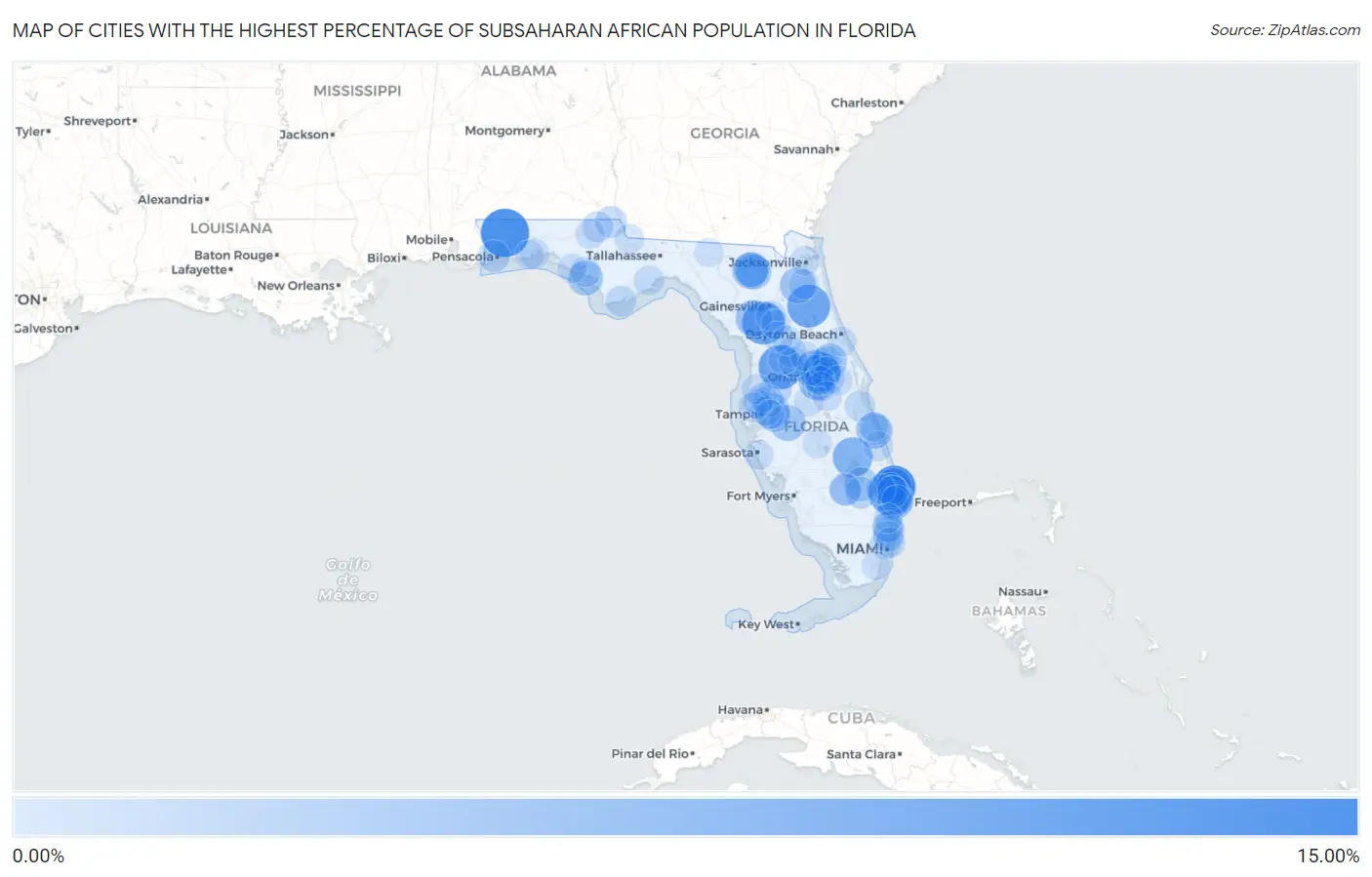 Cities with the Highest Percentage of Subsaharan African Population in Florida Map