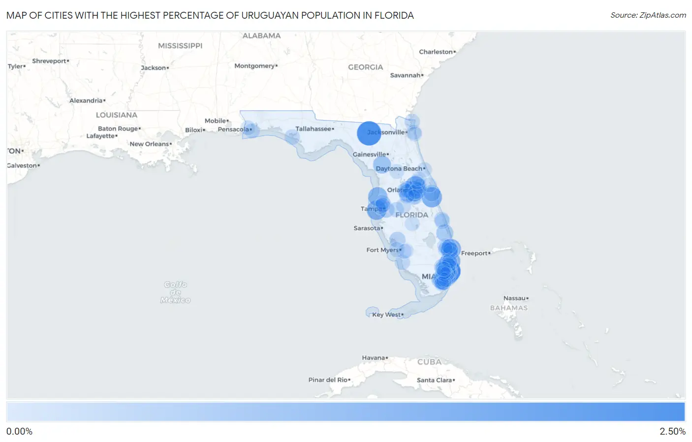 Cities with the Highest Percentage of Uruguayan Population in Florida Map