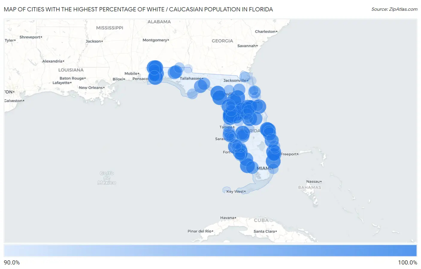 Cities with the Highest Percentage of White / Caucasian Population in Florida Map