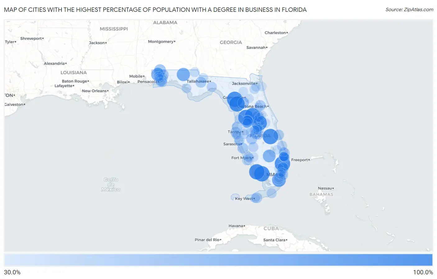 Cities with the Highest Percentage of Population with a Degree in Business in Florida Map