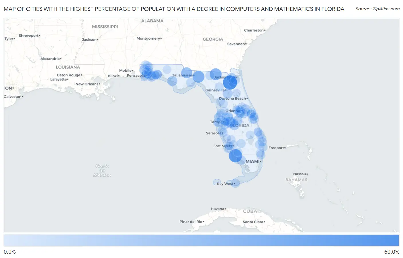 Cities with the Highest Percentage of Population with a Degree in Computers and Mathematics in Florida Map