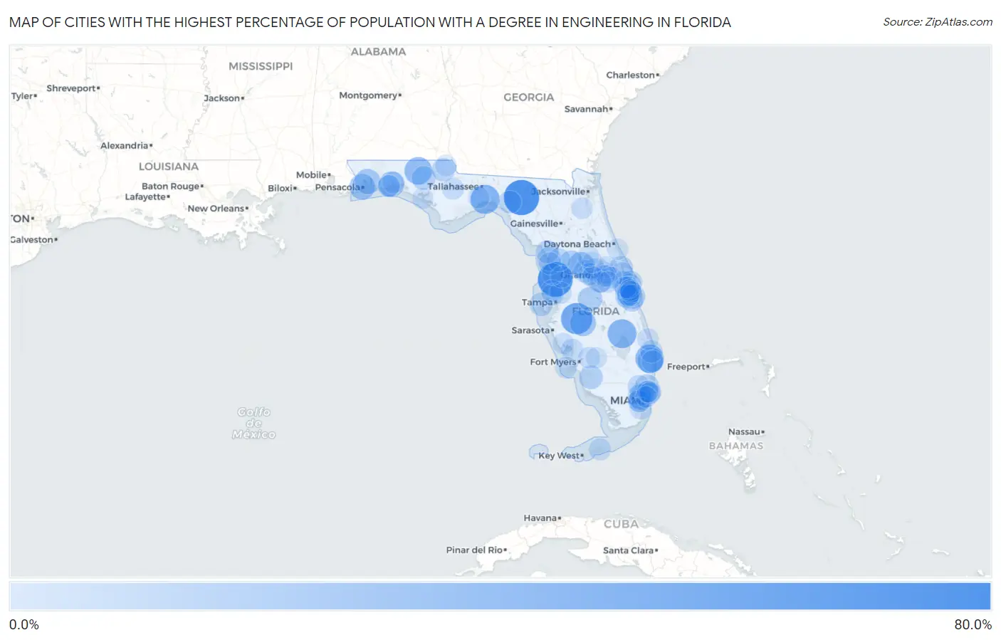 Cities with the Highest Percentage of Population with a Degree in Engineering in Florida Map