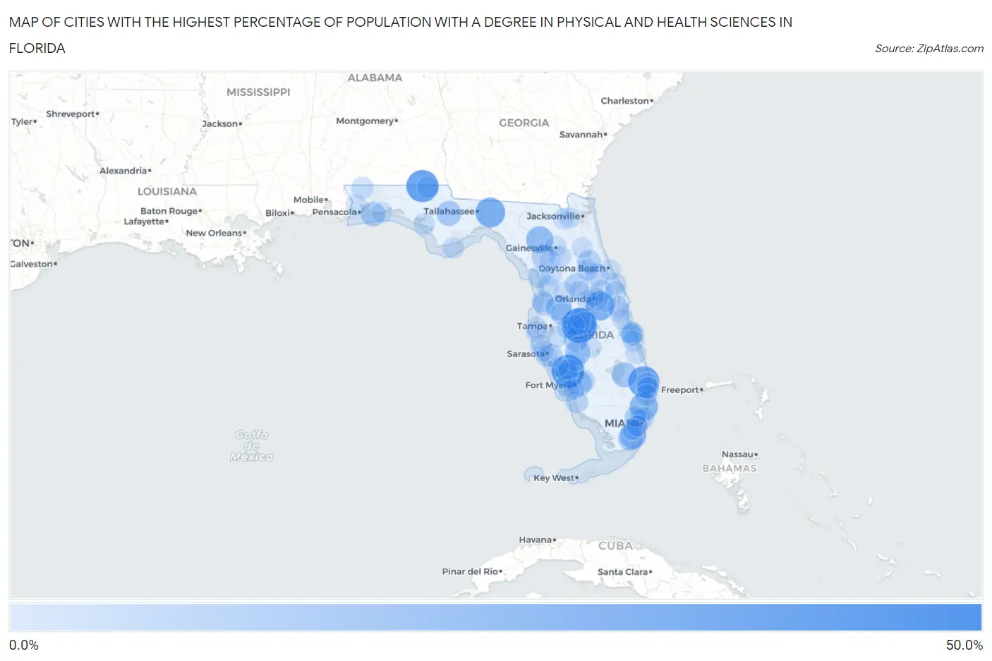 Cities with the Highest Percentage of Population with a Degree in Physical and Health Sciences in Florida Map