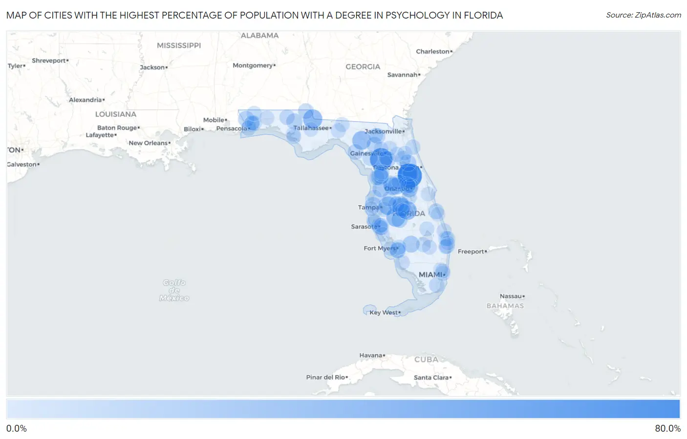 Cities with the Highest Percentage of Population with a Degree in Psychology in Florida Map