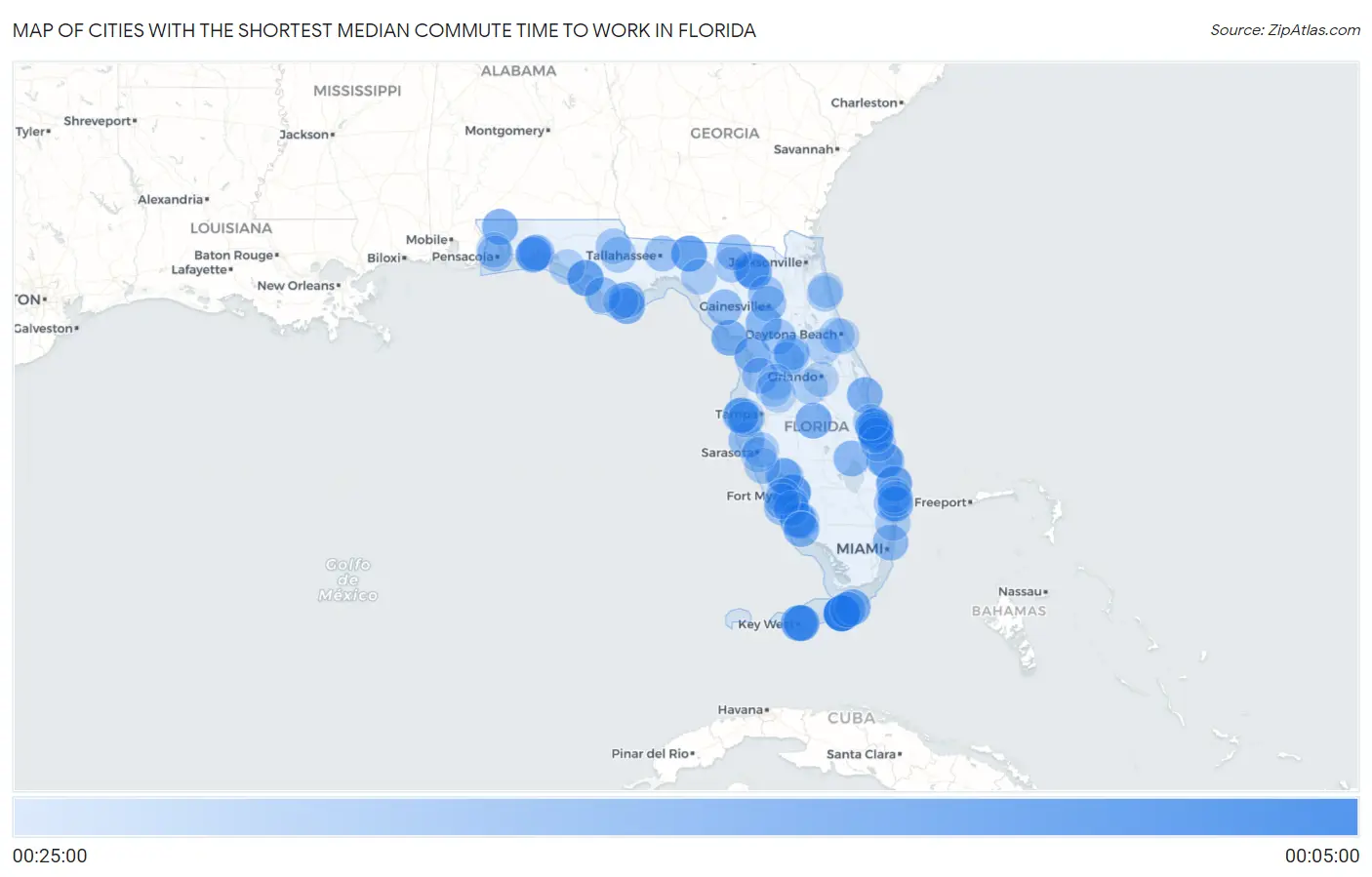 Cities with the Shortest Median Commute Time to Work in Florida Map