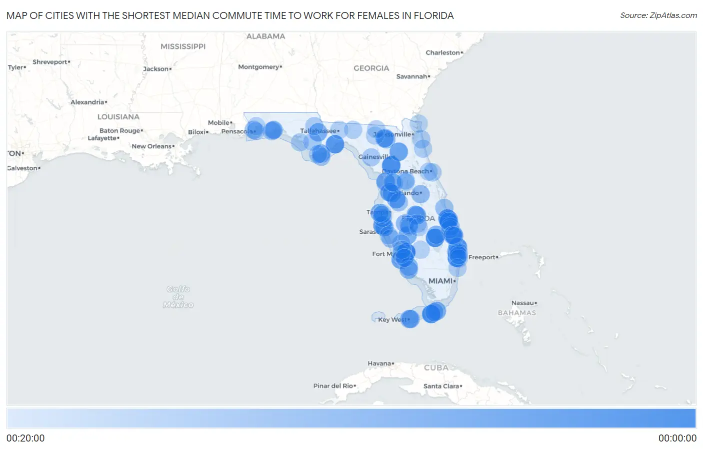 Cities with the Shortest Median Commute Time to Work for Females in Florida Map