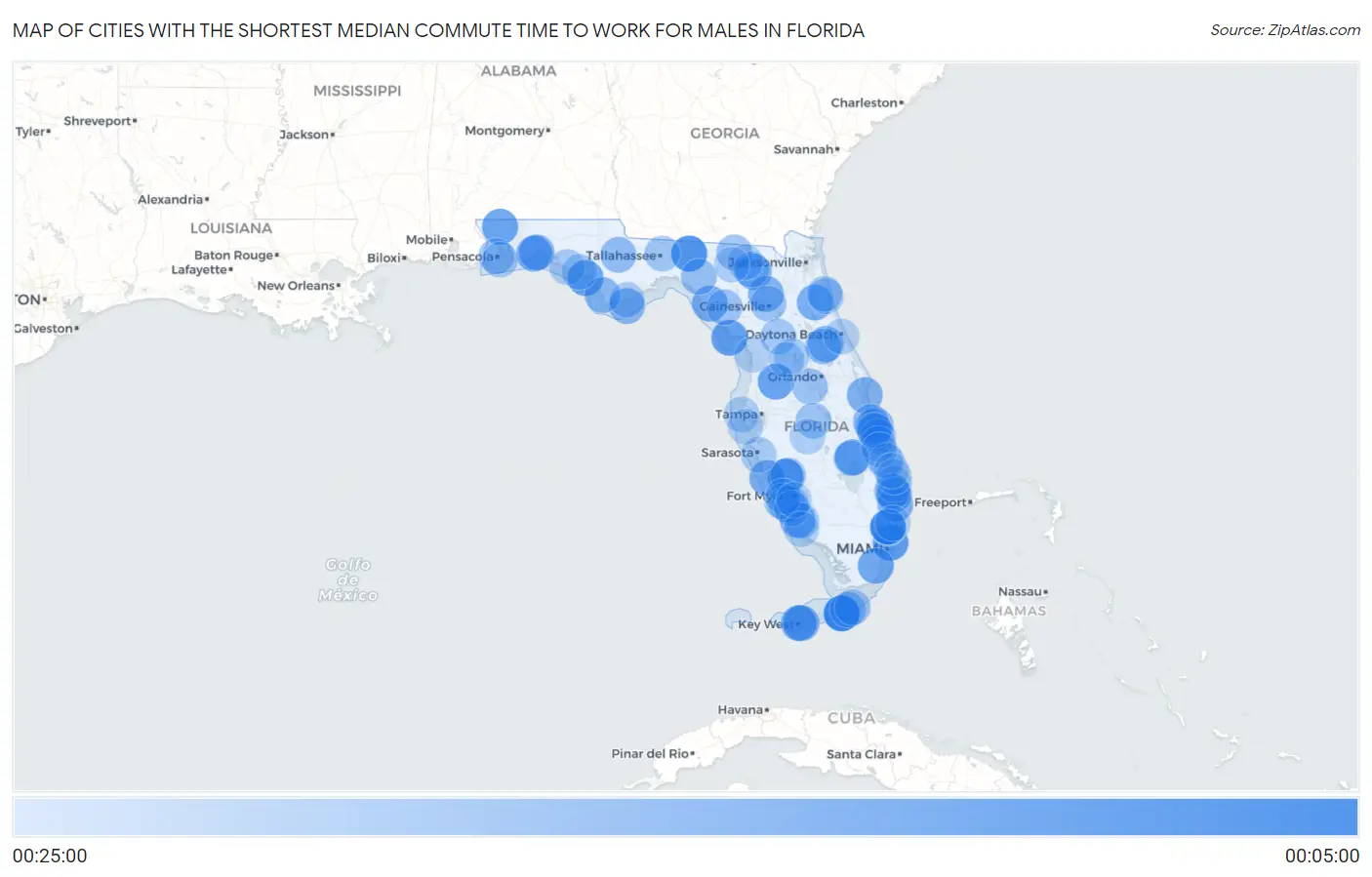 Cities with the Shortest Median Commute Time to Work for Males in Florida Map