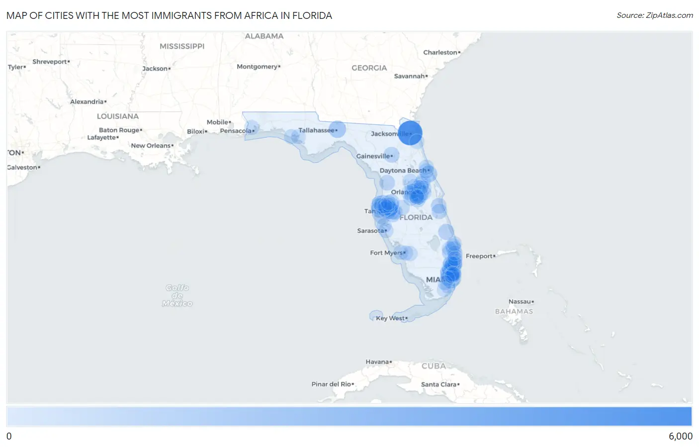Cities with the Most Immigrants from Africa in Florida Map