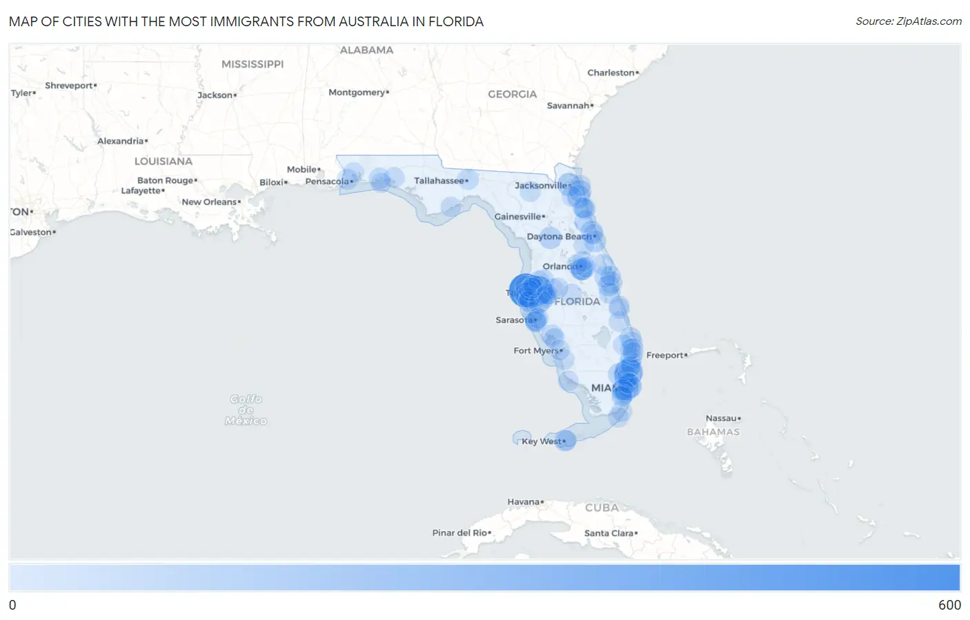 Cities with the Most Immigrants from Australia in Florida Map