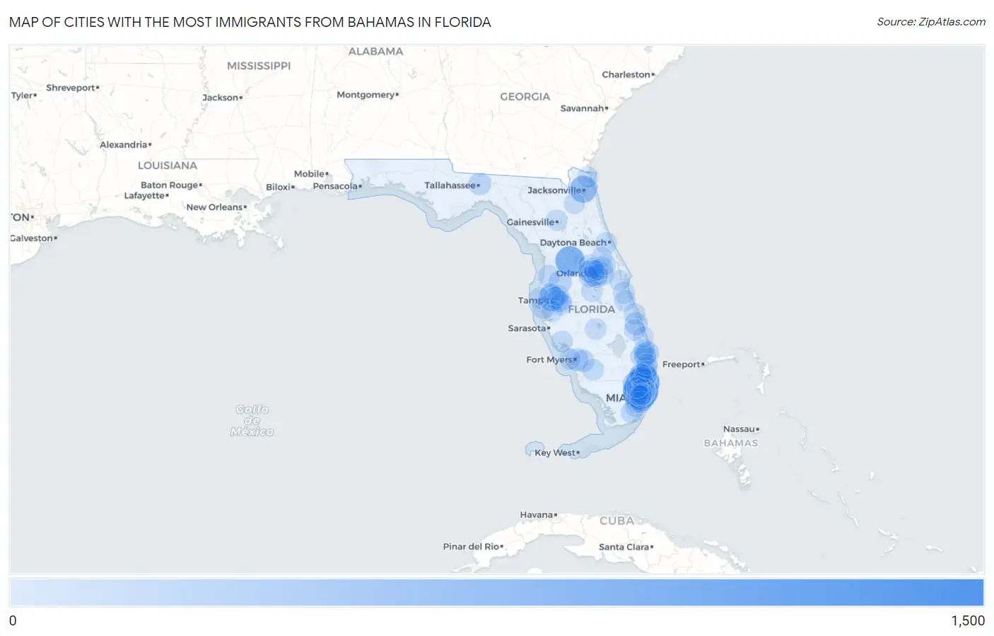 Cities with the Most Immigrants from Bahamas in Florida Map