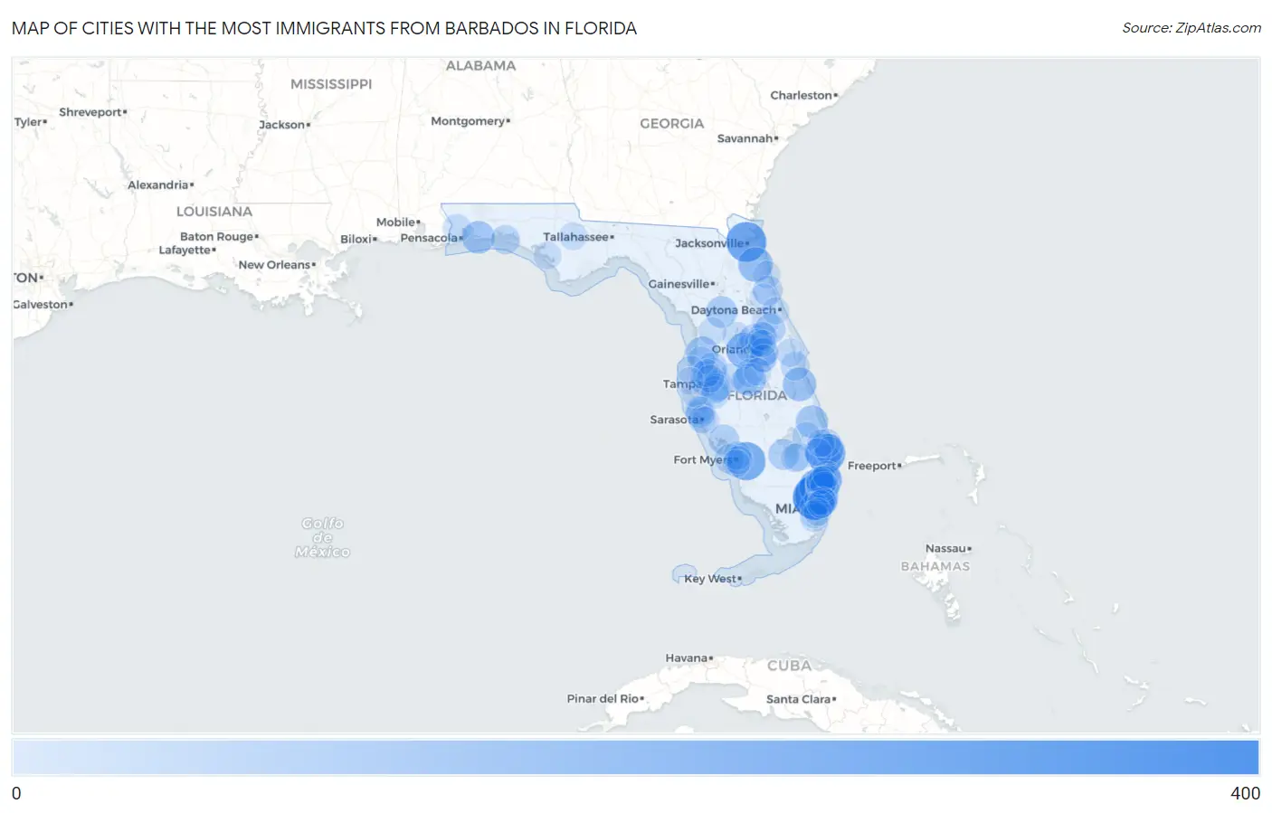 Cities with the Most Immigrants from Barbados in Florida Map