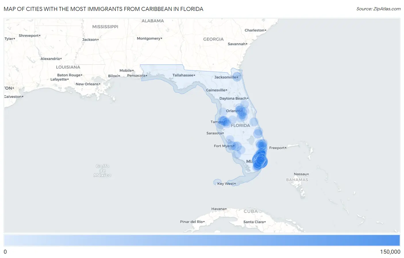 Cities with the Most Immigrants from Caribbean in Florida Map