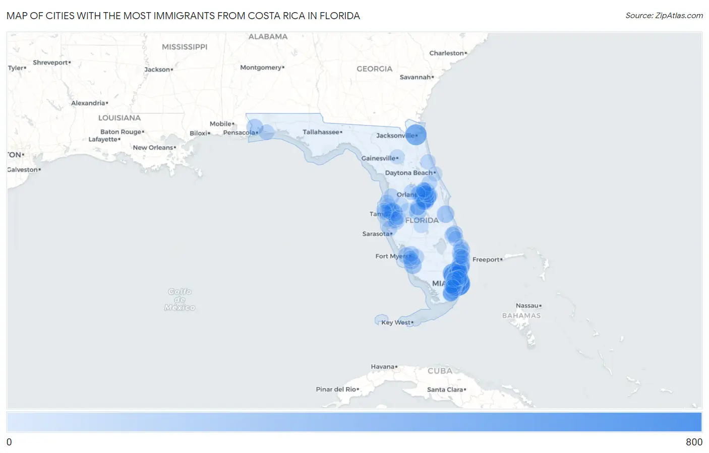 Cities with the Most Immigrants from Costa Rica in Florida Map