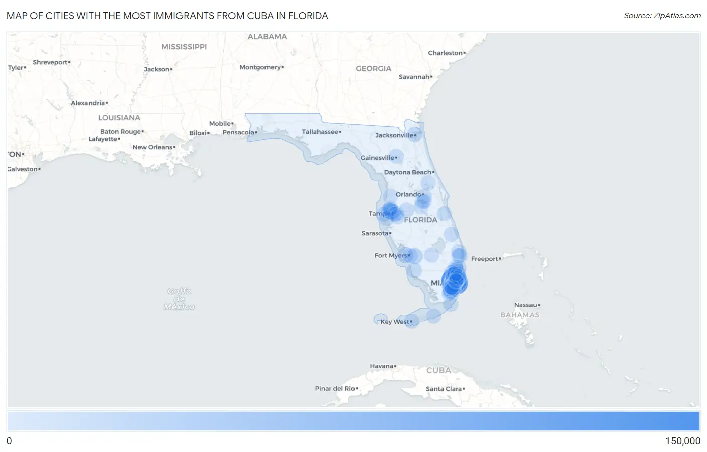 Cities with the Most Immigrants from Cuba in Florida Map