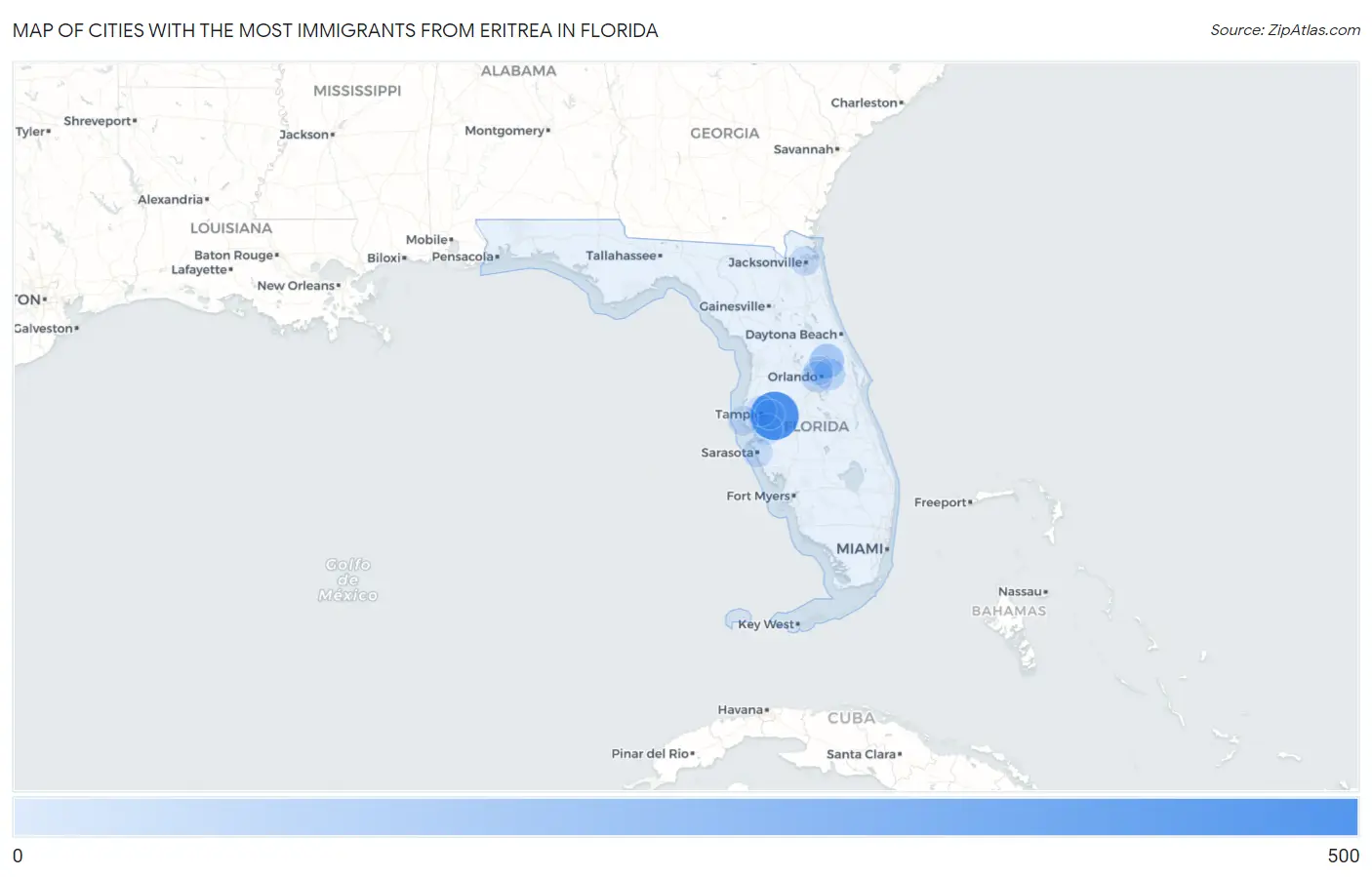 Cities with the Most Immigrants from Eritrea in Florida Map