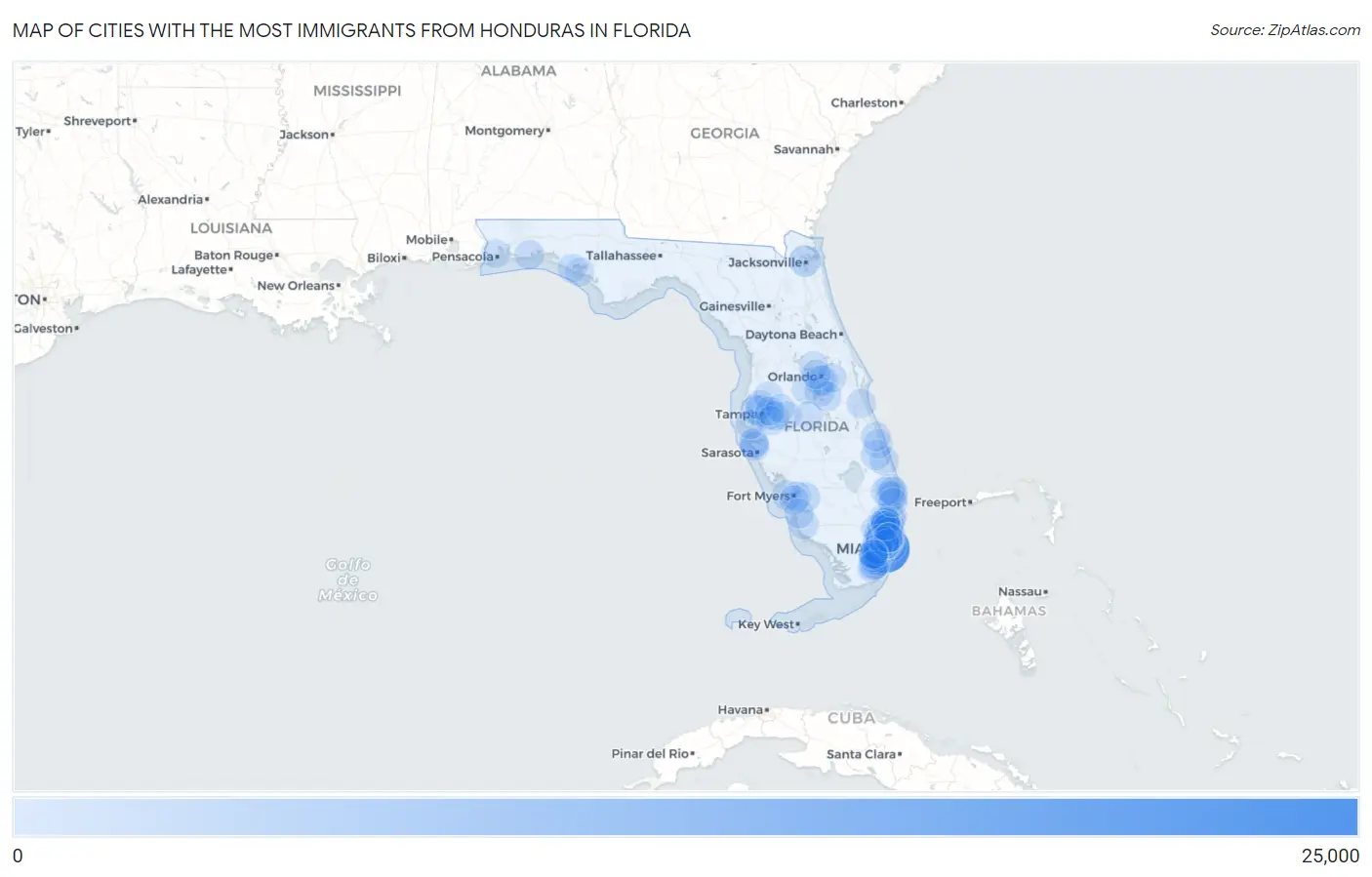 Cities with the Most Immigrants from Honduras in Florida Map