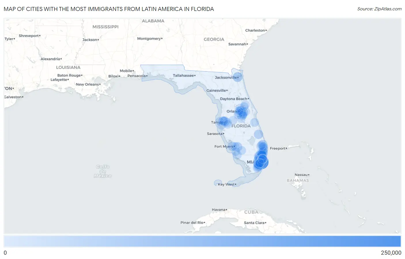 Cities with the Most Immigrants from Latin America in Florida Map
