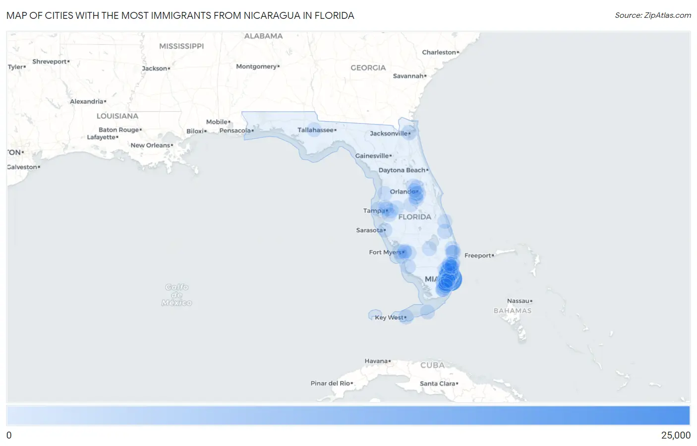 Cities with the Most Immigrants from Nicaragua in Florida Map