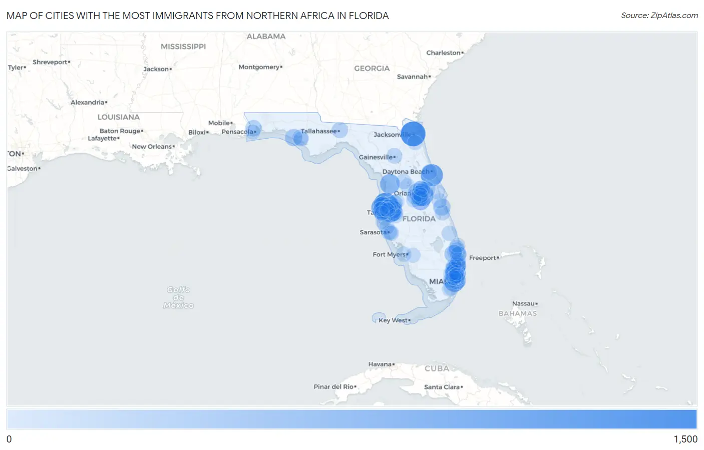 Cities with the Most Immigrants from Northern Africa in Florida Map