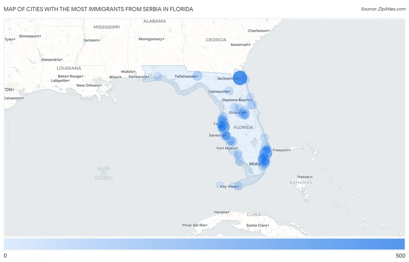 Cities with the Most Immigrants from Serbia in Florida Map