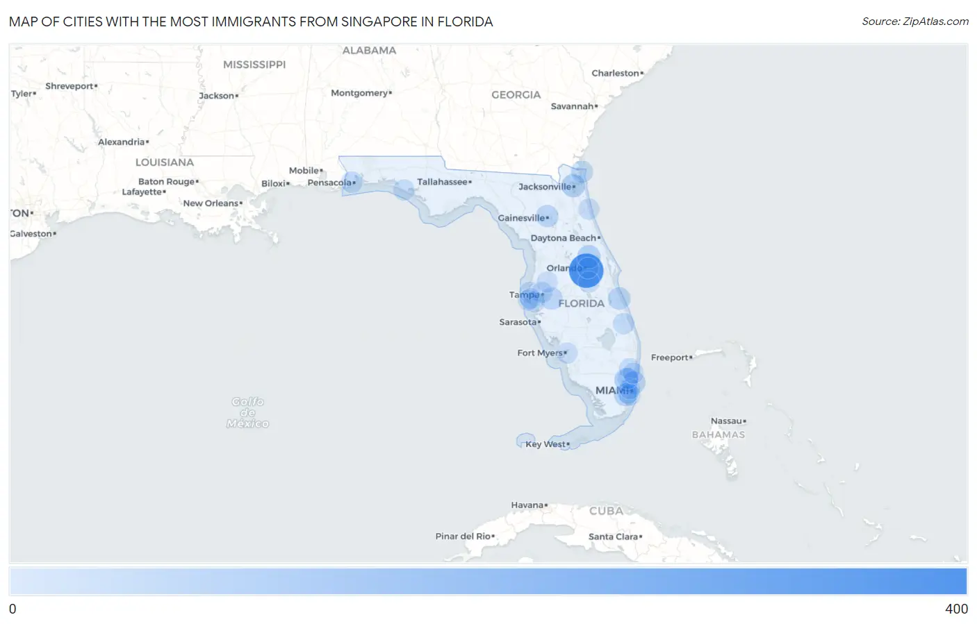 Cities with the Most Immigrants from Singapore in Florida Map