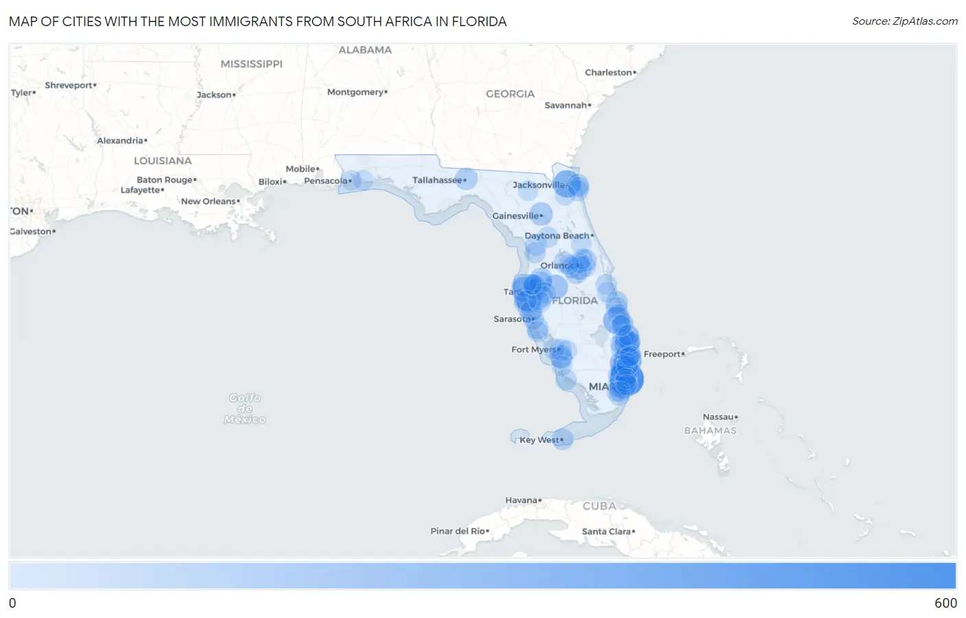 Cities with the Most Immigrants from South Africa in Florida Map