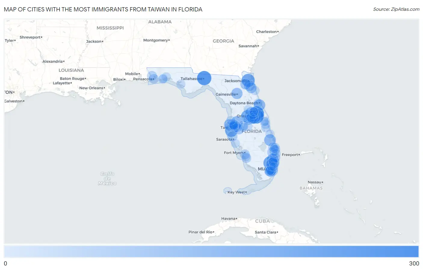 Cities with the Most Immigrants from Taiwan in Florida Map