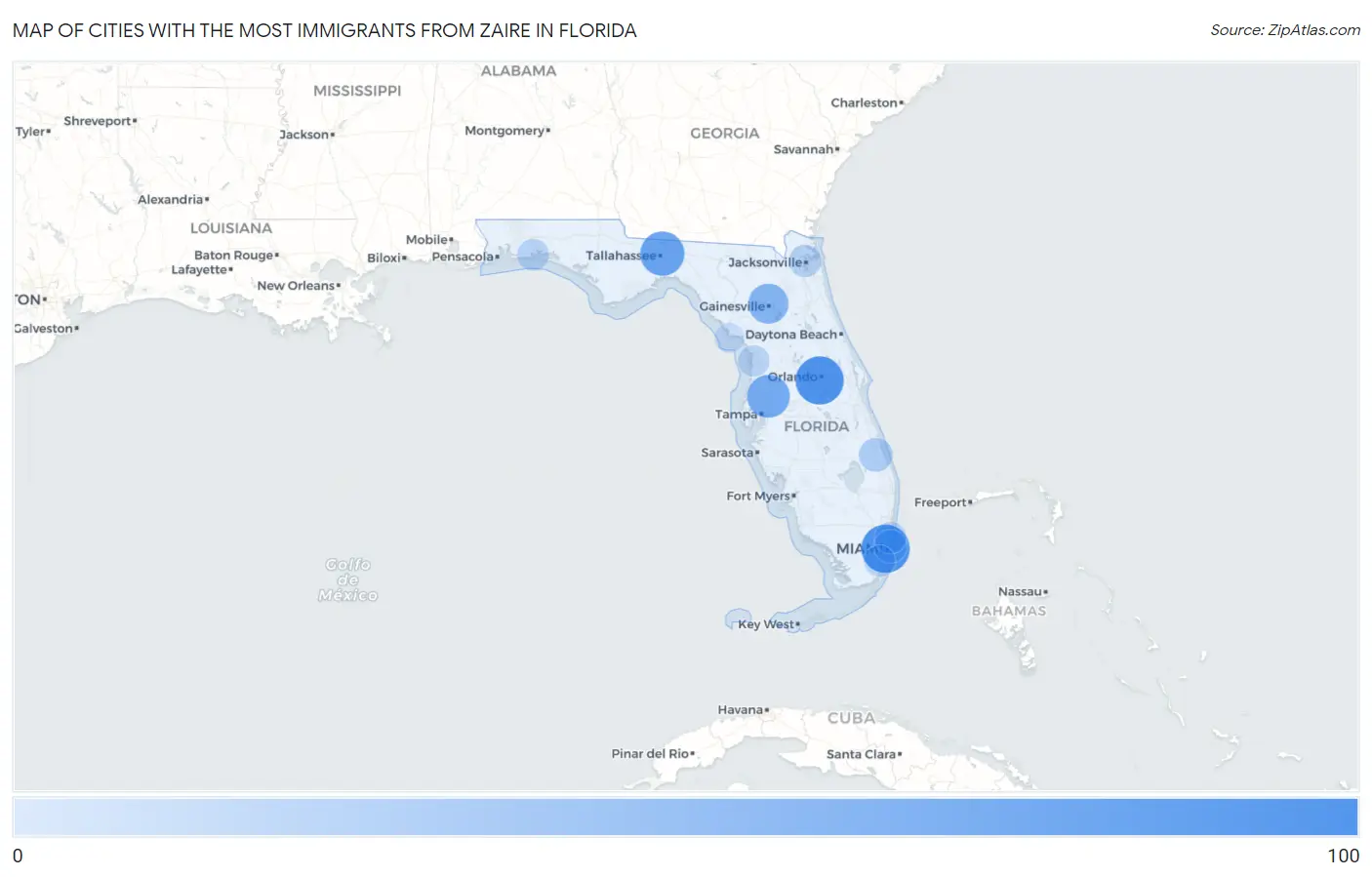 Cities with the Most Immigrants from Zaire in Florida Map