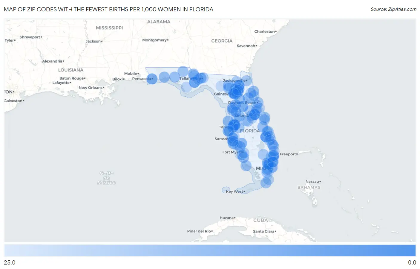 Zip Codes with the Fewest Births per 1,000 Women in Florida Map