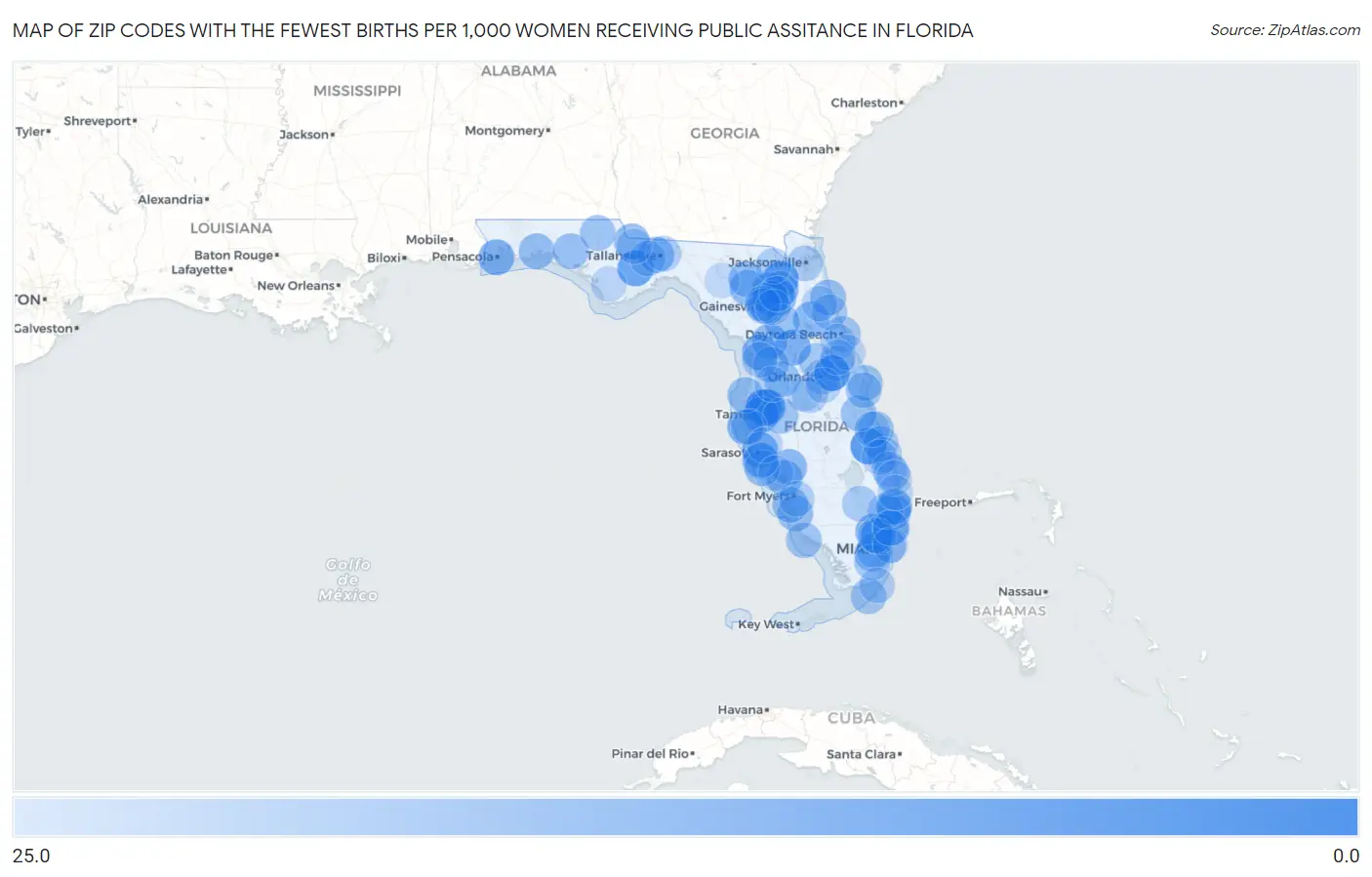 Zip Codes with the Fewest Births per 1,000 Women Receiving Public Assitance in Florida Map