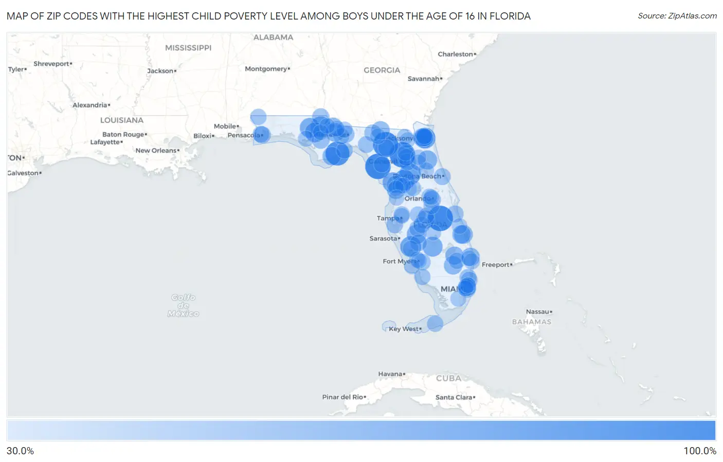Zip Codes with the Highest Child Poverty Level Among Boys Under the Age of 16 in Florida Map