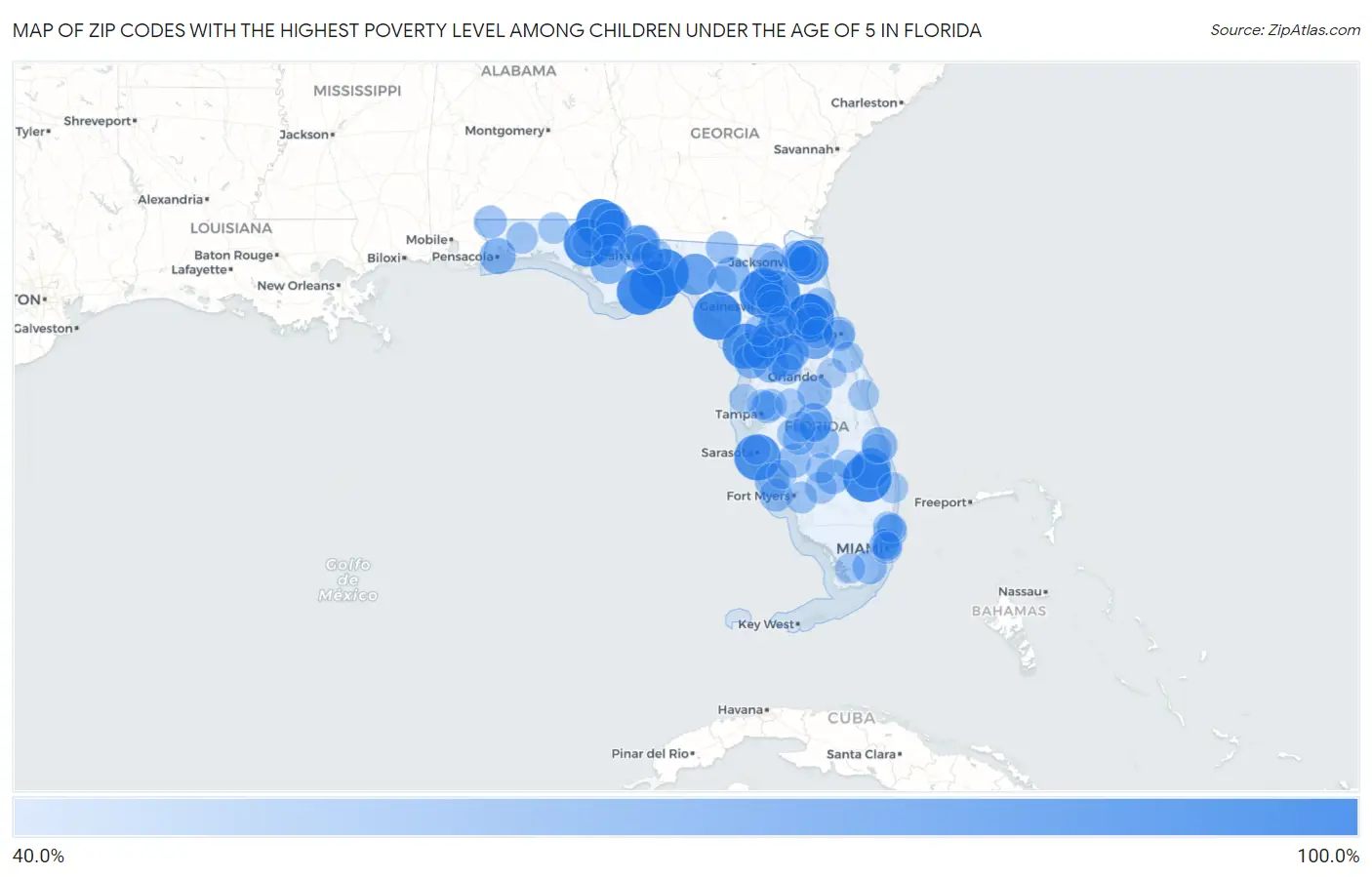 Zip Codes with the Highest Poverty Level Among Children Under the Age of 5 in Florida Map