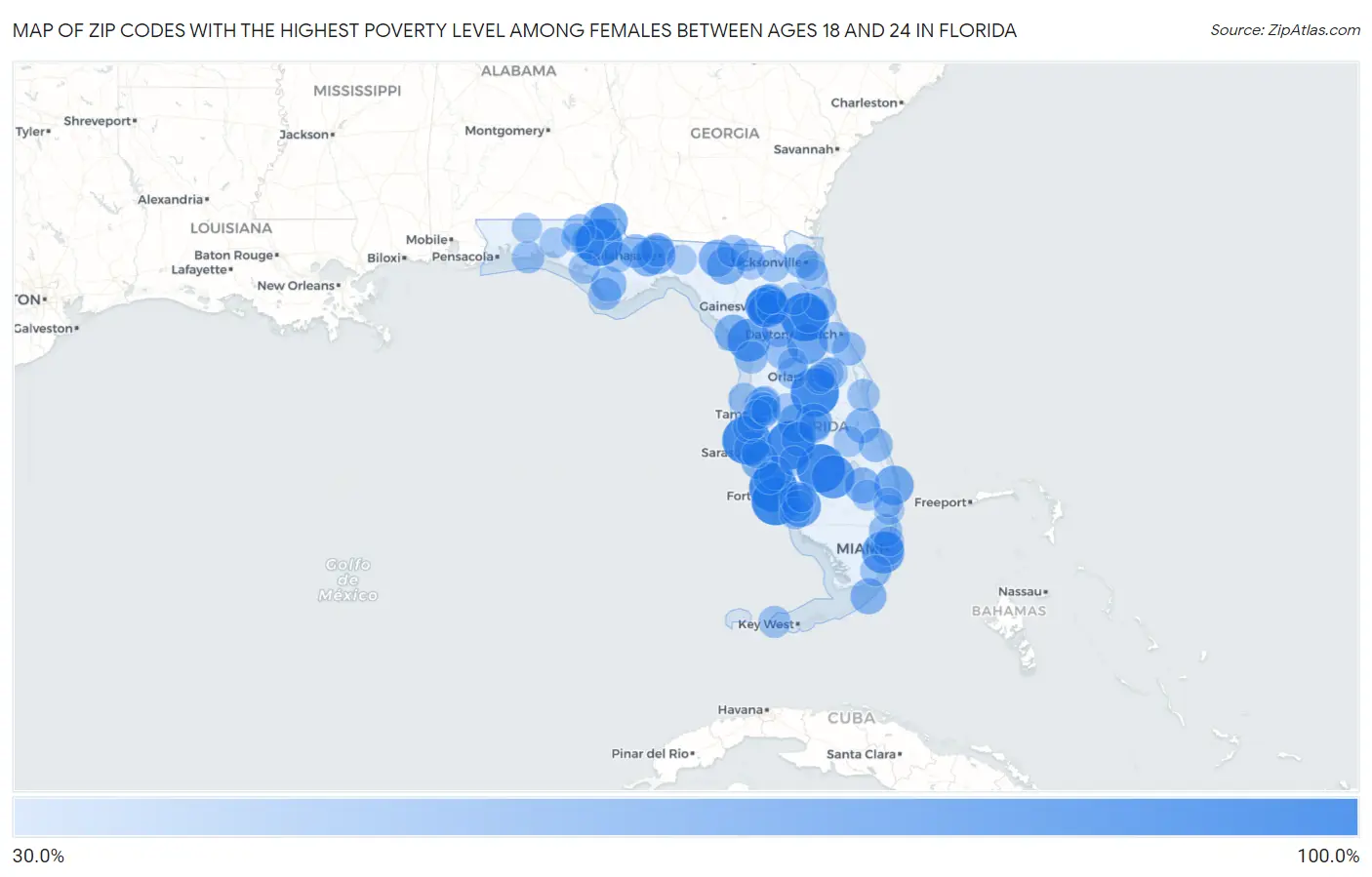 Zip Codes with the Highest Poverty Level Among Females Between Ages 18 and 24 in Florida Map