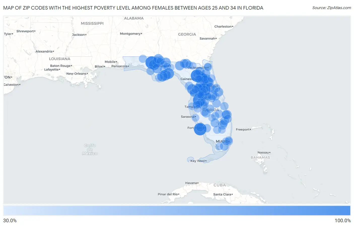 Zip Codes with the Highest Poverty Level Among Females Between Ages 25 and 34 in Florida Map
