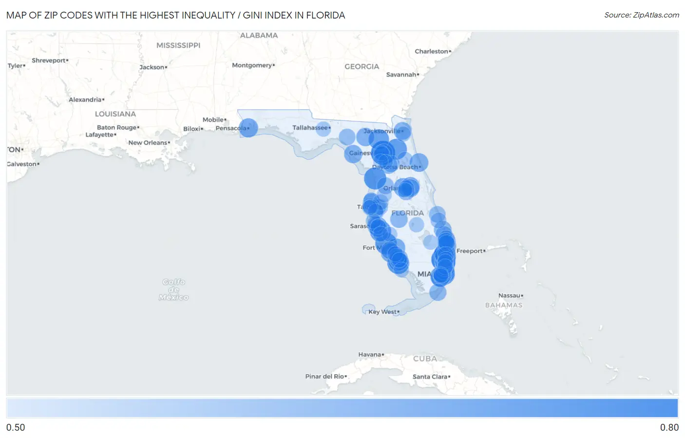 Zip Codes with the Highest Inequality / Gini Index in Florida Map
