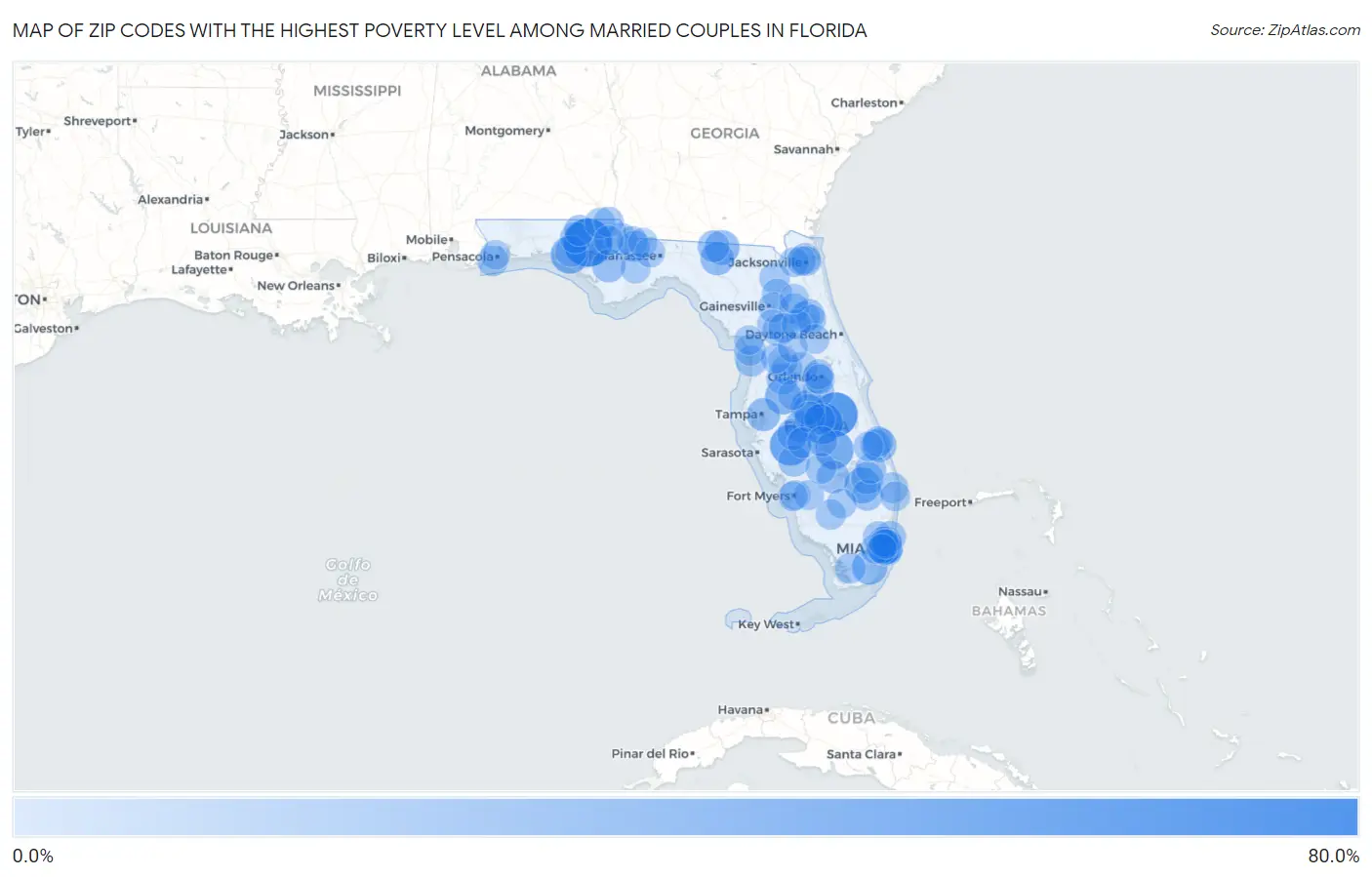 Zip Codes with the Highest Poverty Level Among Married Couples in Florida Map