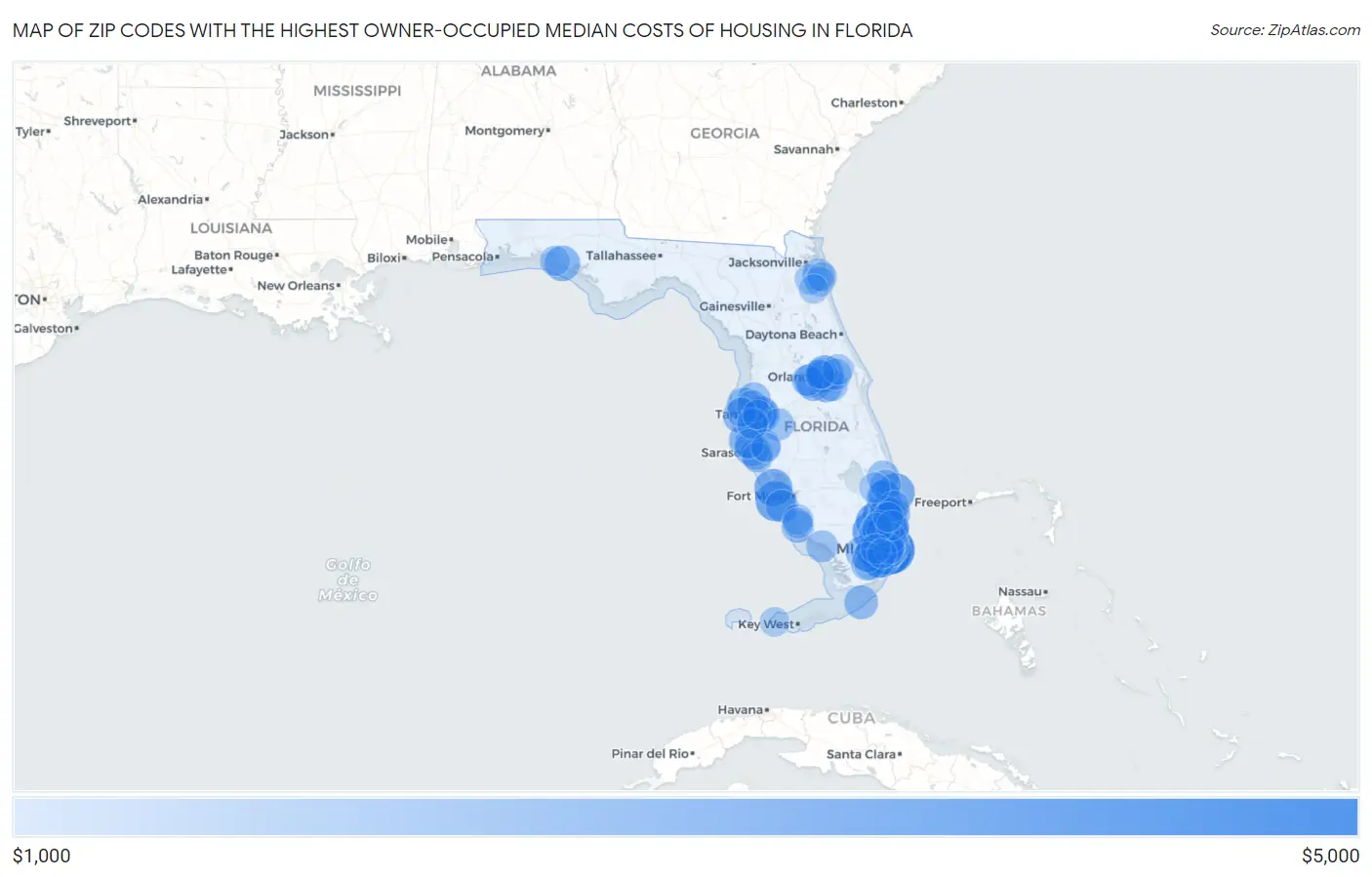 Zip Codes with the Highest Owner-Occupied Median Costs of Housing in Florida Map