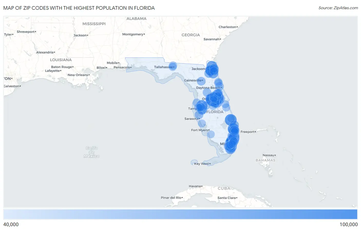 Zip Codes with the Highest Population in Florida Map