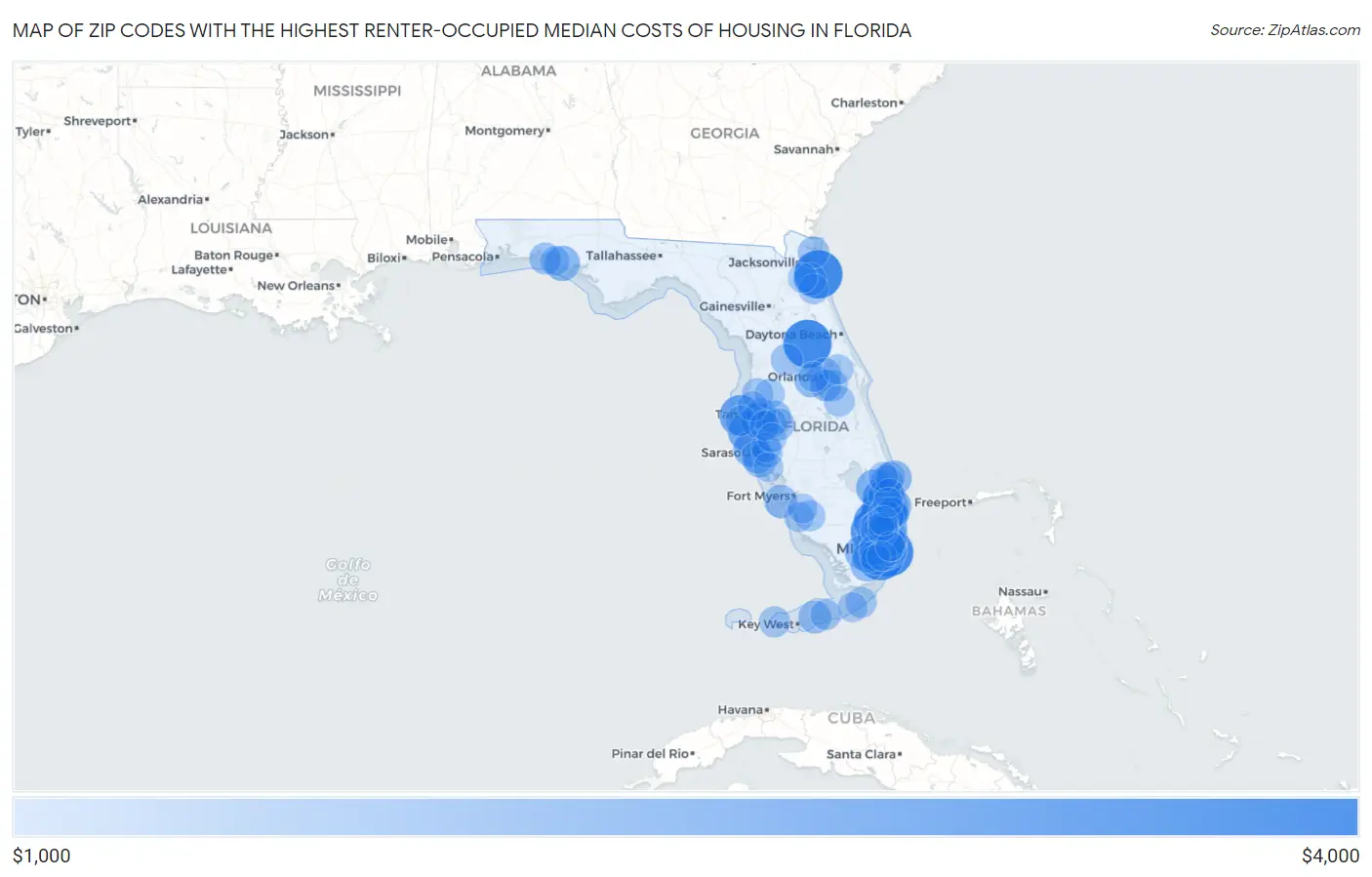 Zip Codes with the Highest Renter-Occupied Median Costs of Housing in Florida Map