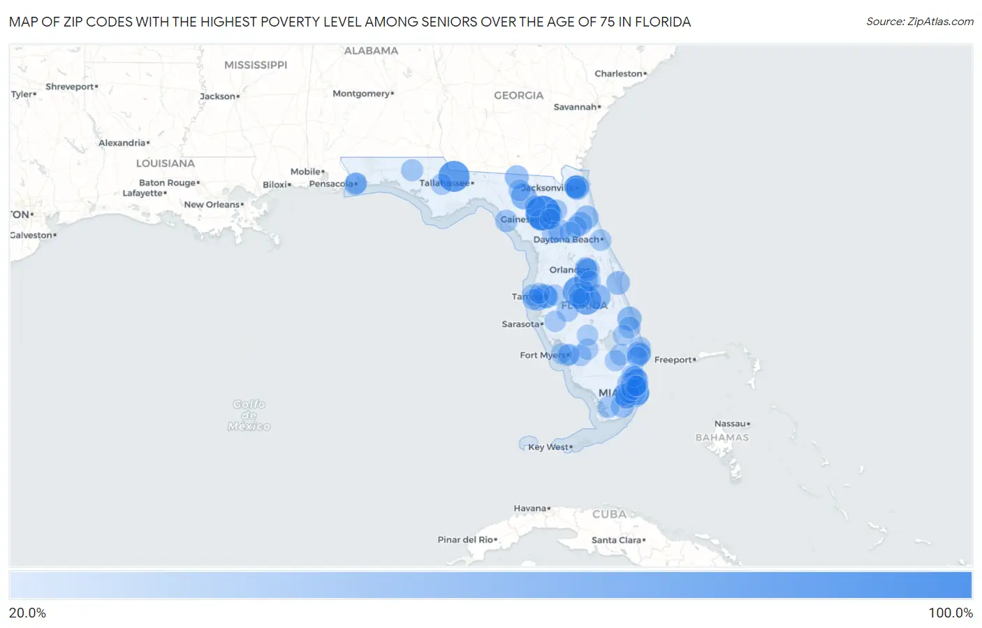 Zip Codes with the Highest Poverty Level Among Seniors Over the Age of 75 in Florida Map