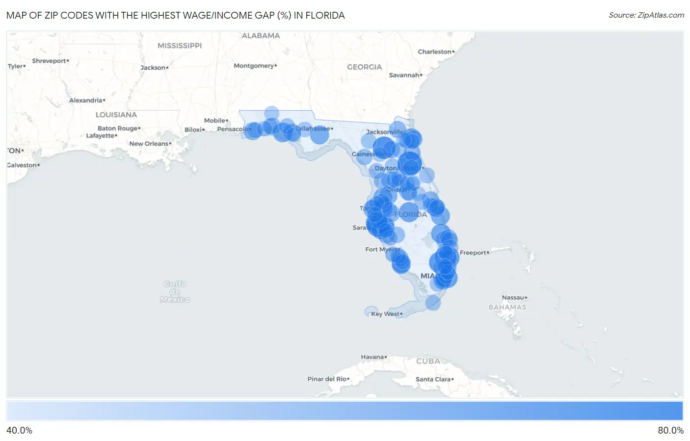 Zip Codes with the Highest Wage/Income Gap (%) in Florida Map