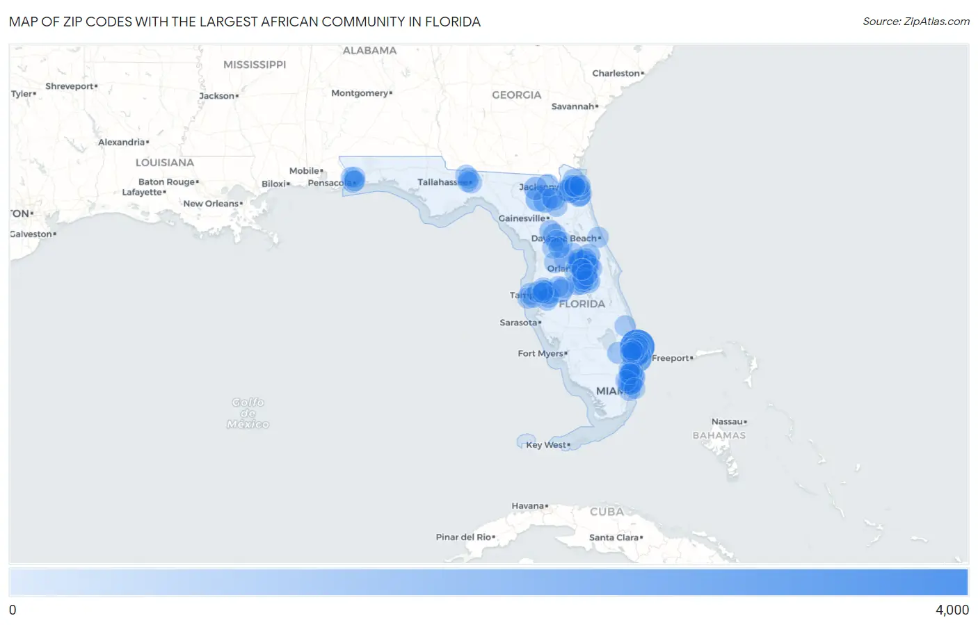 Zip Codes with the Largest African Community in Florida Map