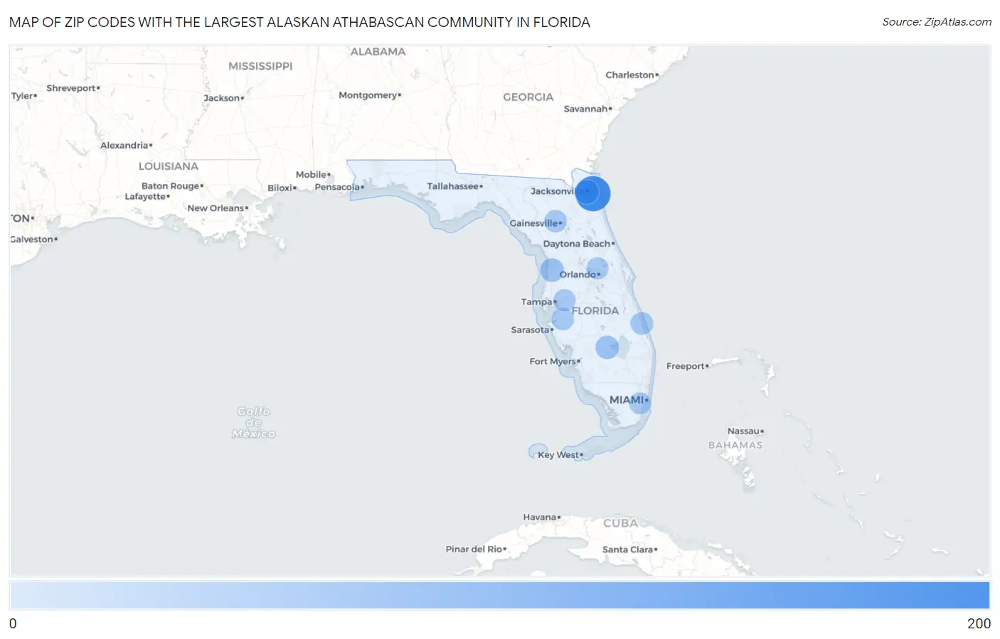 Zip Codes with the Largest Alaskan Athabascan Community in Florida Map